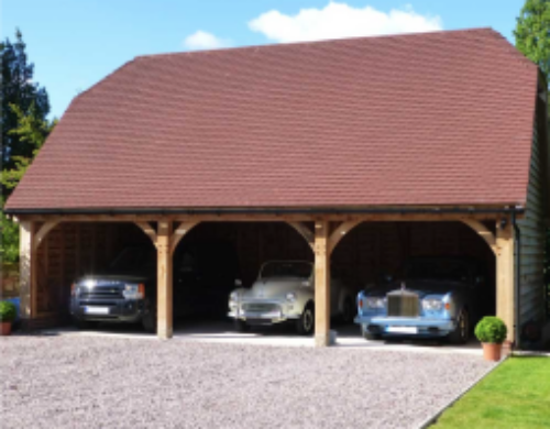 Three bay oak garage design with red roof