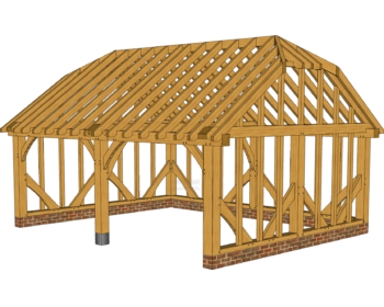 Two bay oak garage brick trim barn roof